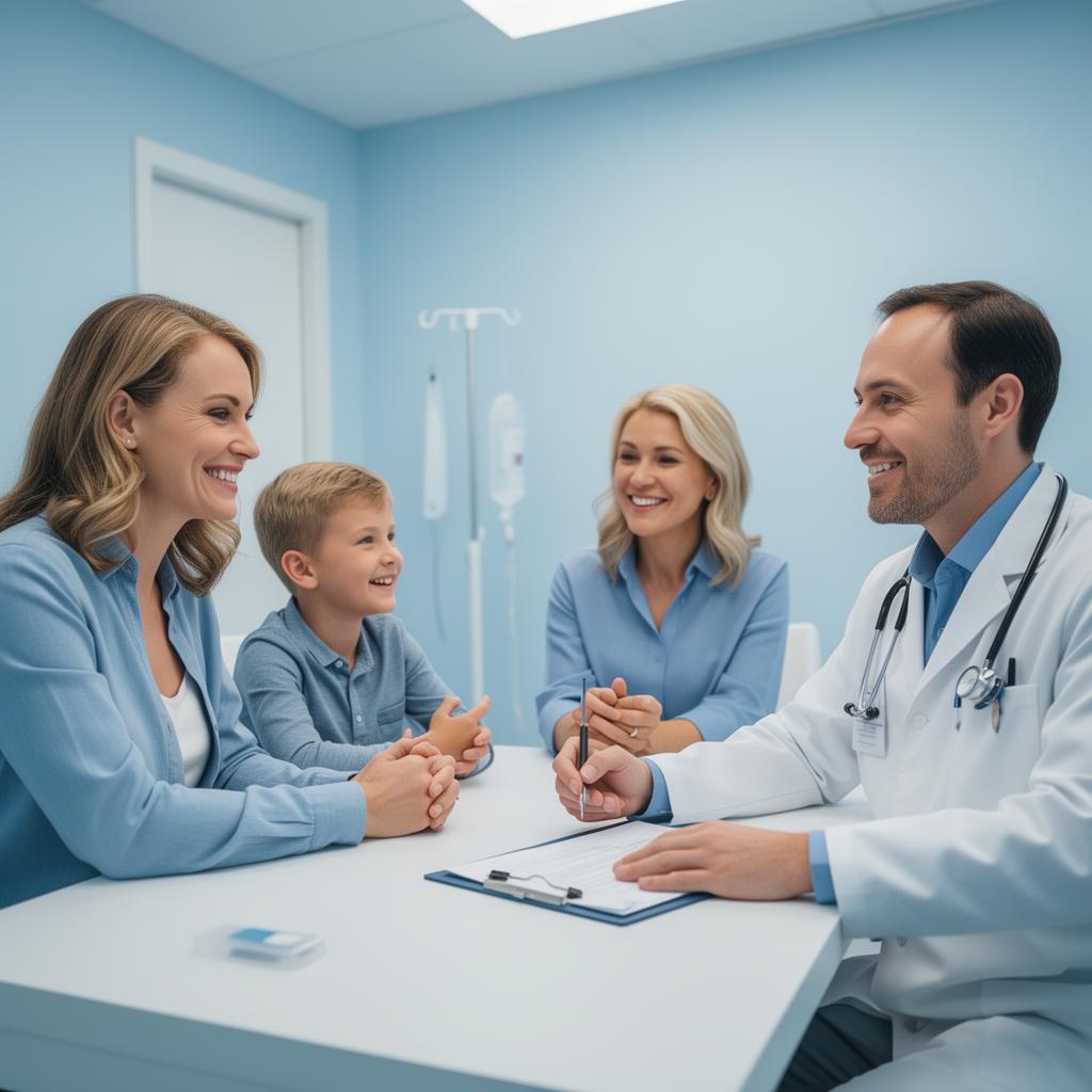Familia feliz en consulta médica